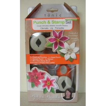 Punch & Stamp set, include 4 fustelle, 4 timbri e 1 manico trasparente mini per timbri, istruzioni e progetti per realizzare le 