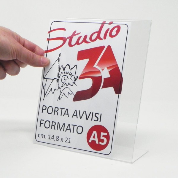 Porta avvisi A5 da banco, in acrilico trasparente per fogli A5 (cm. 14,8x21)