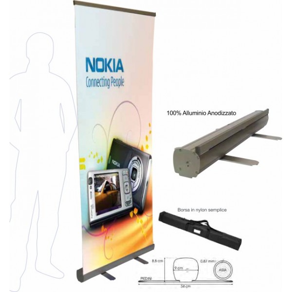 Roll-up premium 85x200 con avvolgitore automatico e chiusure laterali in alluminio anodizzato.