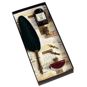 Set scrittura piuma d'oca naturale made in Italy, inchiostro, portapiuma 3 pennini e tampone