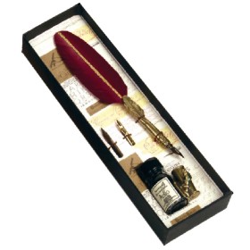Set scrittura piuma d'oca naturale made in Italy, dorso dorato con glitter, inchiostro con portapiuma e 3 pennini