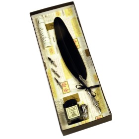 Set scrittura piuma d'oca naturale made in Italy, inchiostro con portapenna, 4 pennini e pergamena