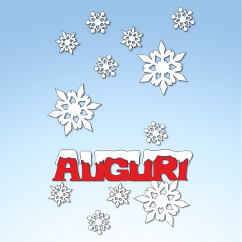Vetrofania Auguri innevato con fiocchi, misura circa cm. 45x110