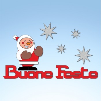 Vetrofania babbo natale, buone feste e stelle, misura circa cm. 110x50