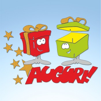 Vetrofania pacchi regalo con auguri, misura circa cm. 80x60