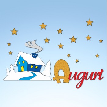 Vetrofania paesaggio invernale auguri e stelle, misura circa cm. 80x60