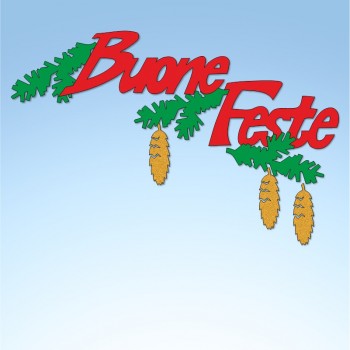 Vetrofania Buone feste con rametti, misura cm. 45x40
